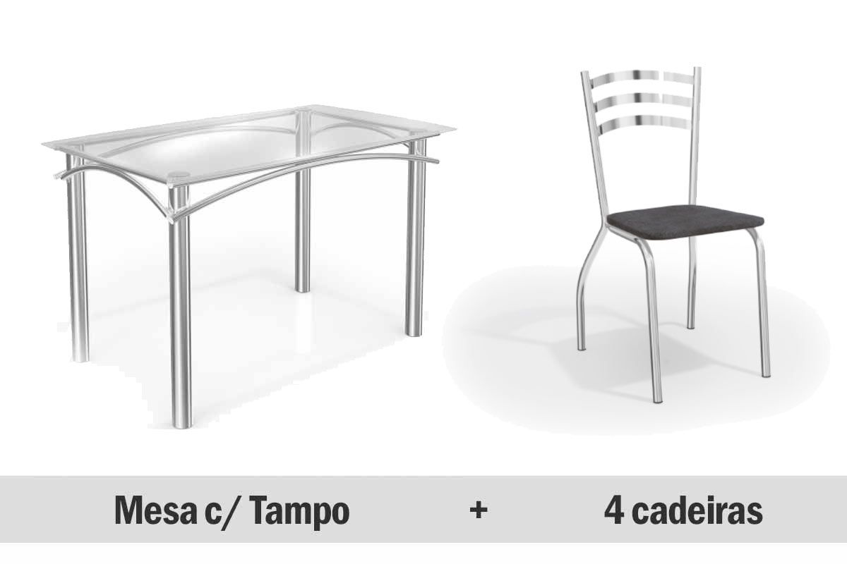 Sala de Jantar Completa Elba Aço c/Tampo Vidro 120x80cm e 4 Cadeiras Portugal - Kappesberg
