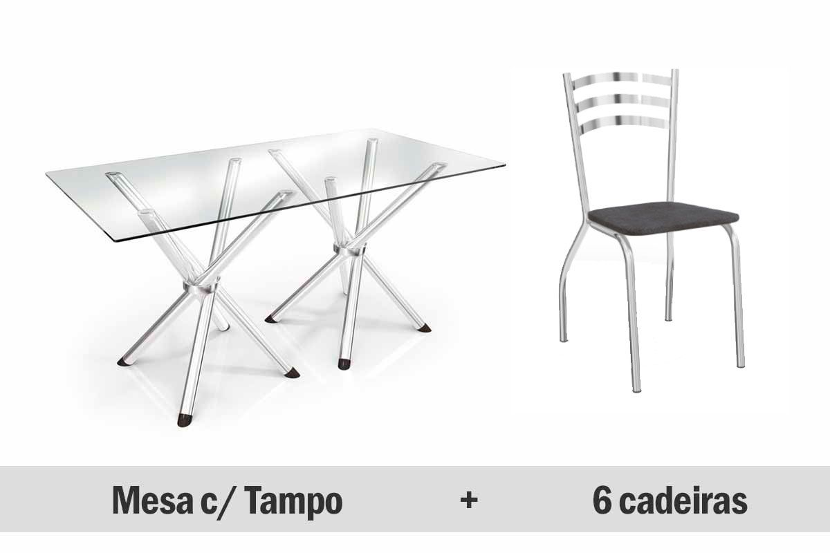 Sala de Jantar Completa Volga c/ Tampo Vidro 150x80cm e 6 Cadeiras Portugal - Kappesberg