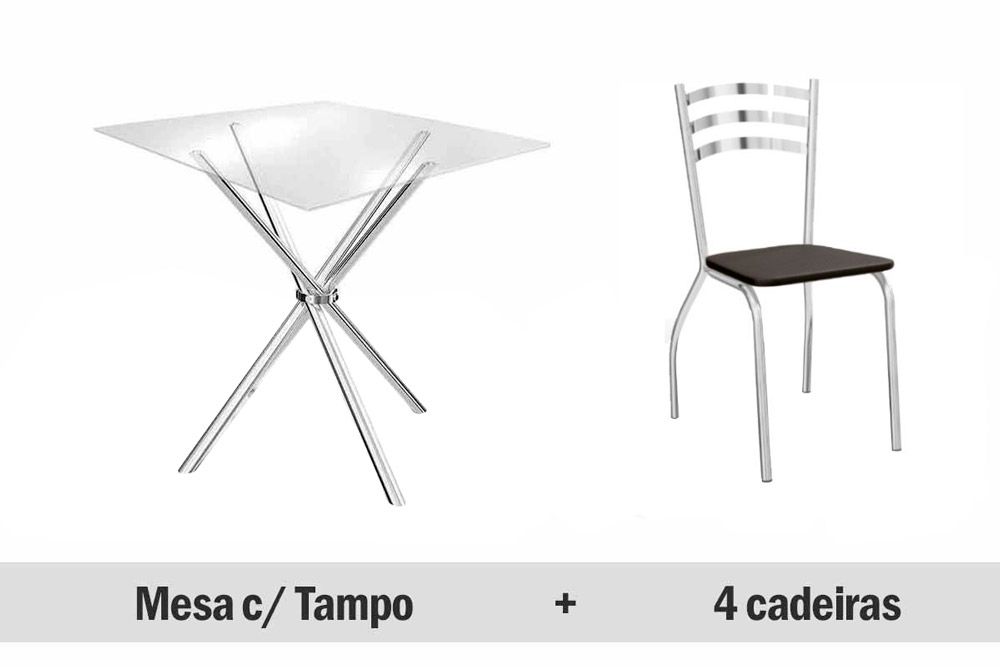 Sala de Jantar Completa Volga c/ Tampo Vidro 90x90cm e 4 Cadeiras Portugal - Kappesberg