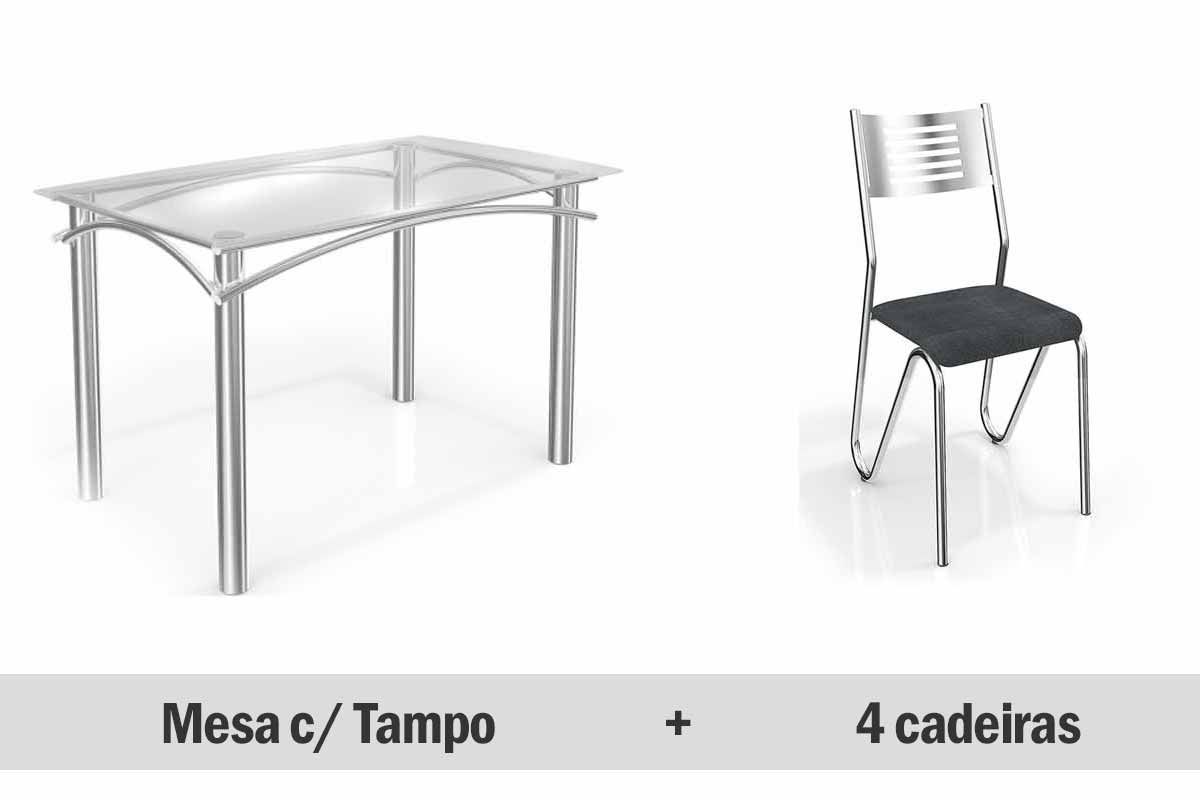 Sala de Jantar Completa Elba Aço c/ Tampo Vidro 140x80cm e 4 Cadeiras Nápoles - Kappesberg