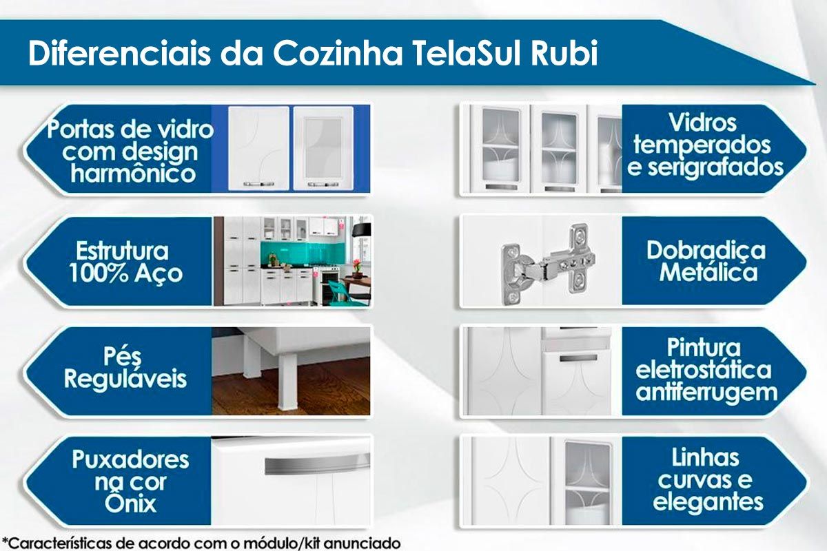 Cozinha Completa Rubi de Aço 4 Peças (2Aéreos+1Balcão+1Paneleiro) CZC08 - Telasul