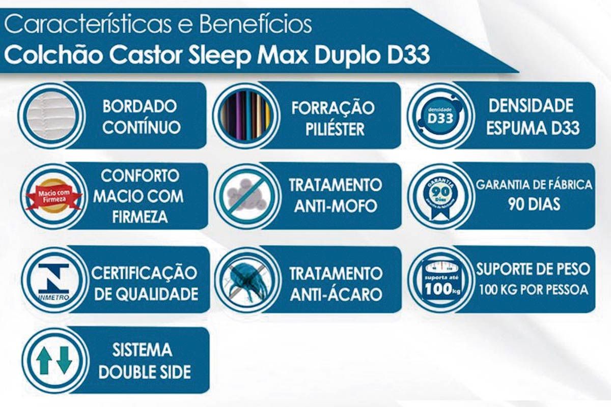 Conjunto: Colchão Castor Espuma D33 Sleep Max + Cama Box