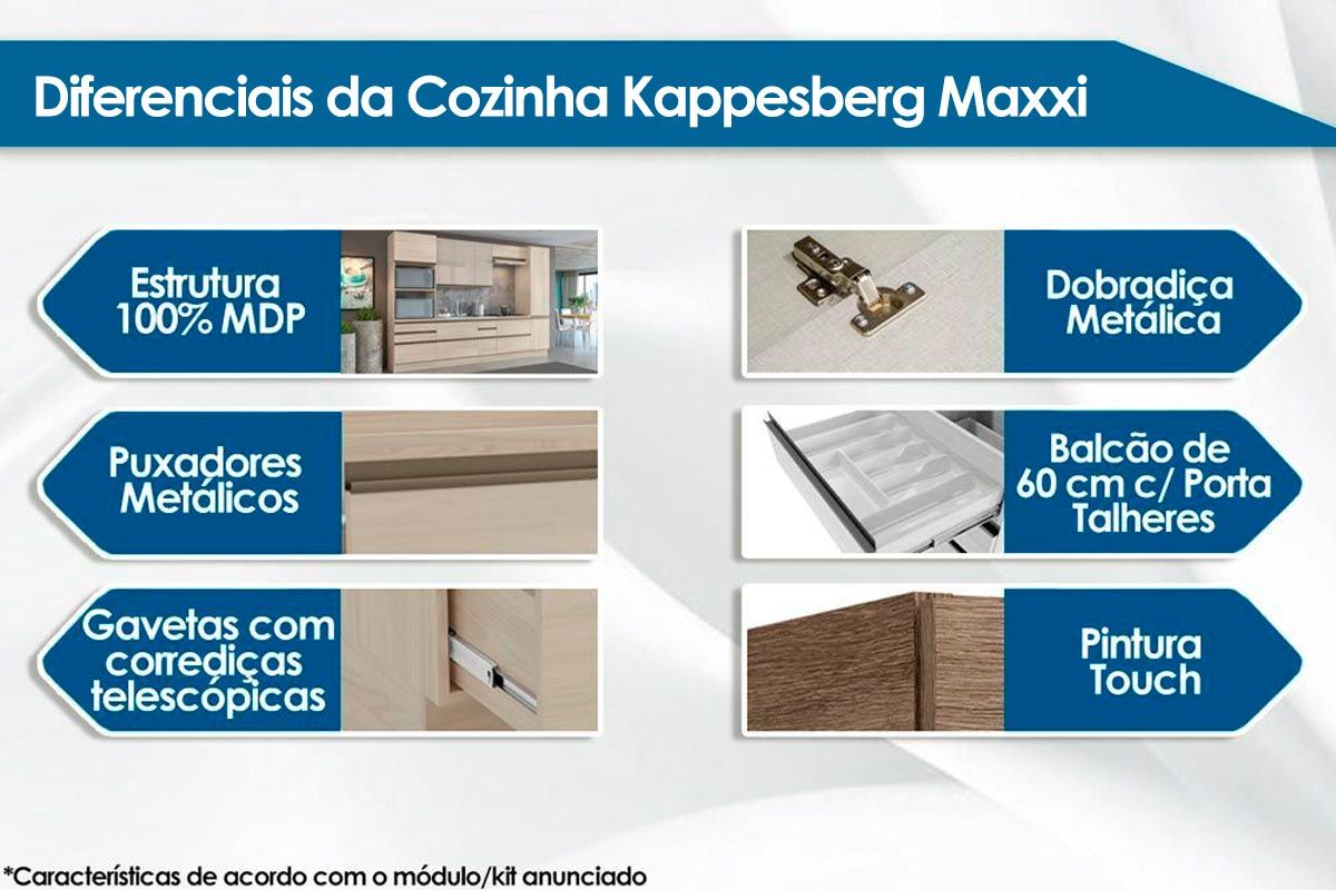 Cozinha Completa Maxxi 11 Peças (4 Armários + 3 Balcões + 1 Paneleiro + 3 Complementos) C11P08 - Kappesberg