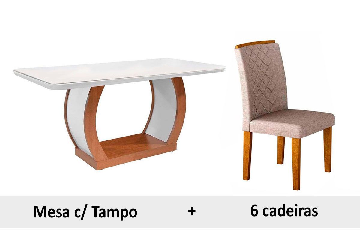 Sala de Jantar Completa Jade Tampo Madeirado c/ Vidro Canto Reto 180x90cm e 6 Cadeiras Jade - Rufato