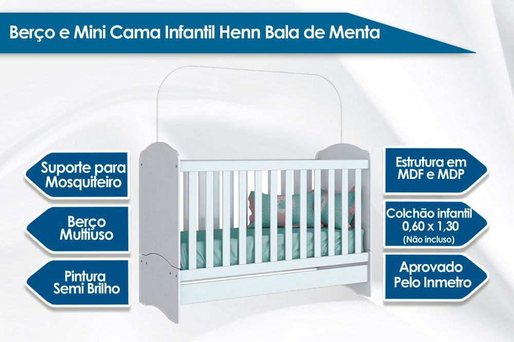 Berço / Mini Cama Infantil Bala de Menta 3 em 1 (2 Un) - Henn