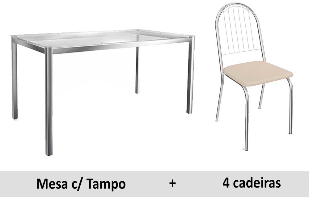 Sala de Jantar Completa Reno c/ Tampo Vidro 150x80cm e 4 Cadeiras Noruega - Kappesberg
