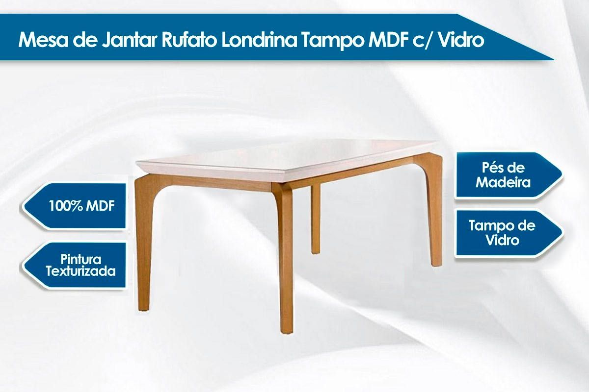 Sala de Jantar Completa Londrina Tampo Madeirado c/ Vidro 120x80cm e 4 Cadeiras Jade - Rufato