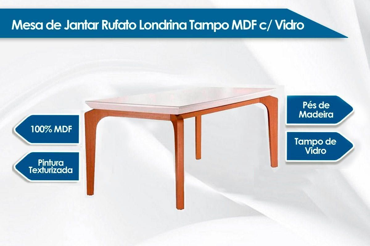 Sala de Jantar Completa Londrina Tampo Madeirado c/ Vidro 120x80cm e 4 Cadeiras Athenas - Rufato