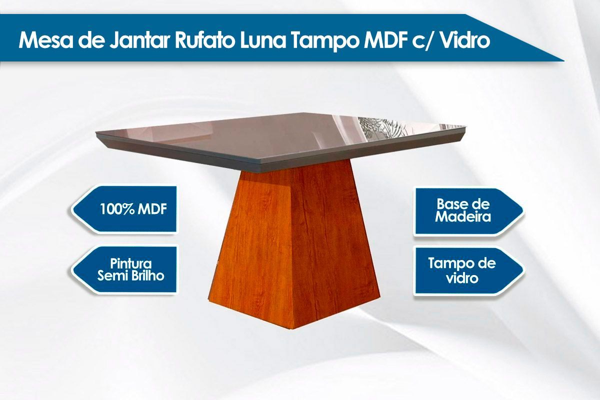 Sala de Jantar Completa Luna Tampo Madeirado c/ Vidro Canto Reto 120x80cm e 4 Cadeiras Grécia - Rufato