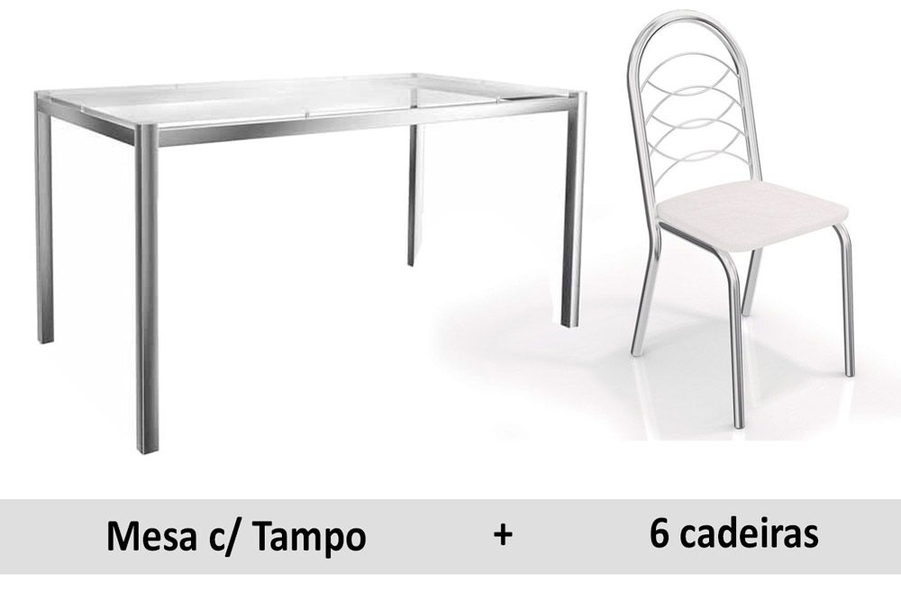 Sala de Jantar Completa Reno c/ Tampo Vidro 150x80cm e 6 Cadeiras Holanda - Kappesberg