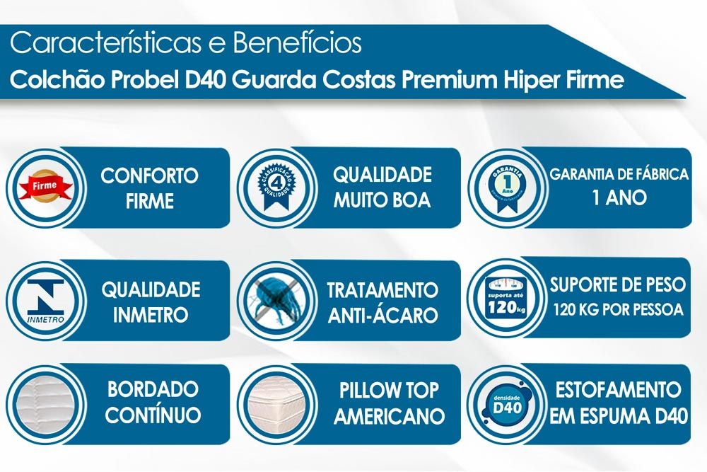 Cama Box: Colchão Espuma Probel D40 Guarda Costas Premium Hiper Firme + Base CRC Courano White