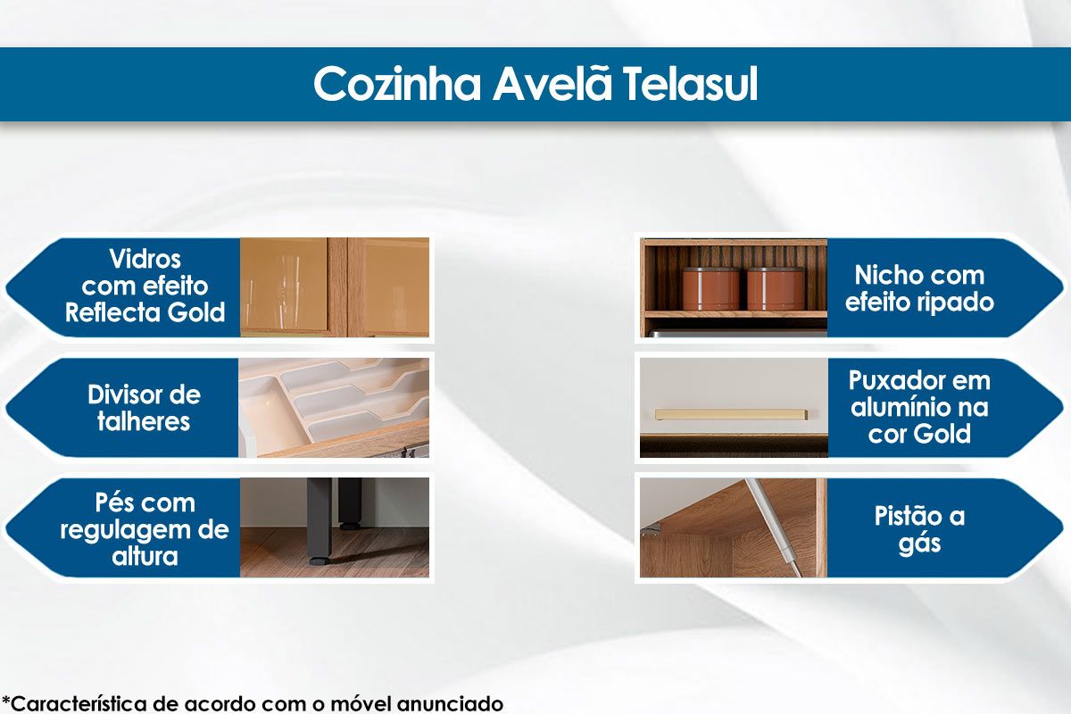 Cozinha Completa Thela Avelã 6 Peças (2Aéreos+2Balcões+2Paneleiros) CZC14 - Telasul