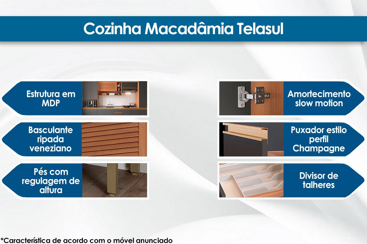 Cozinha Completa Thela Macadâmia 5 Peças (2Aéreos+2Balcões+1Paneleiro) CZC24 - Telasul