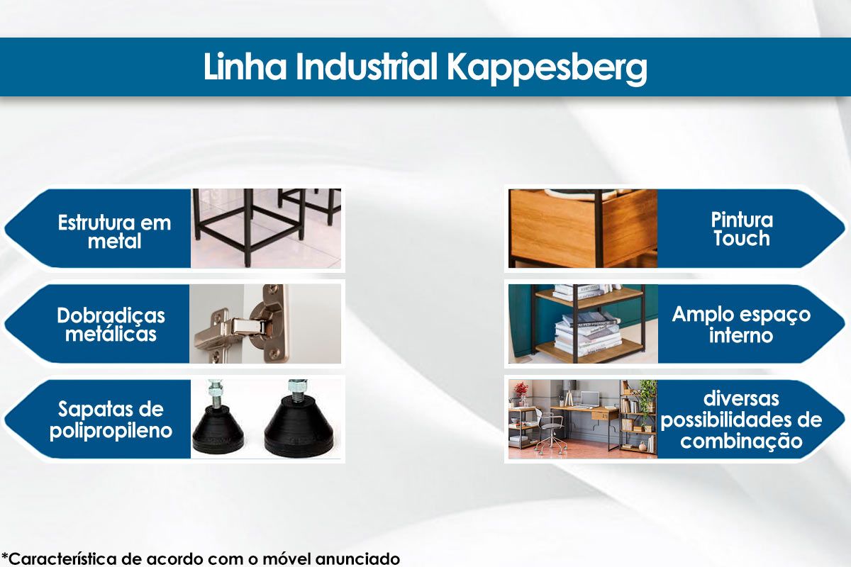 Escritório Completo Industrial (2 Escrivaninhas. 1 Estante, 1 Complemento) 4 Peças - Kappesberg