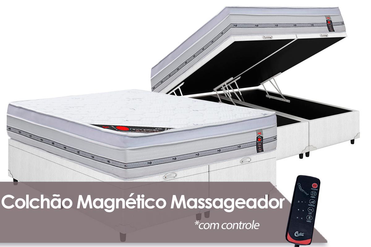 Cama Box Baú: Colchão c/Vibro Massagem Castor Molas Pocket    Magnético Gold Star + Base CRC Courano White